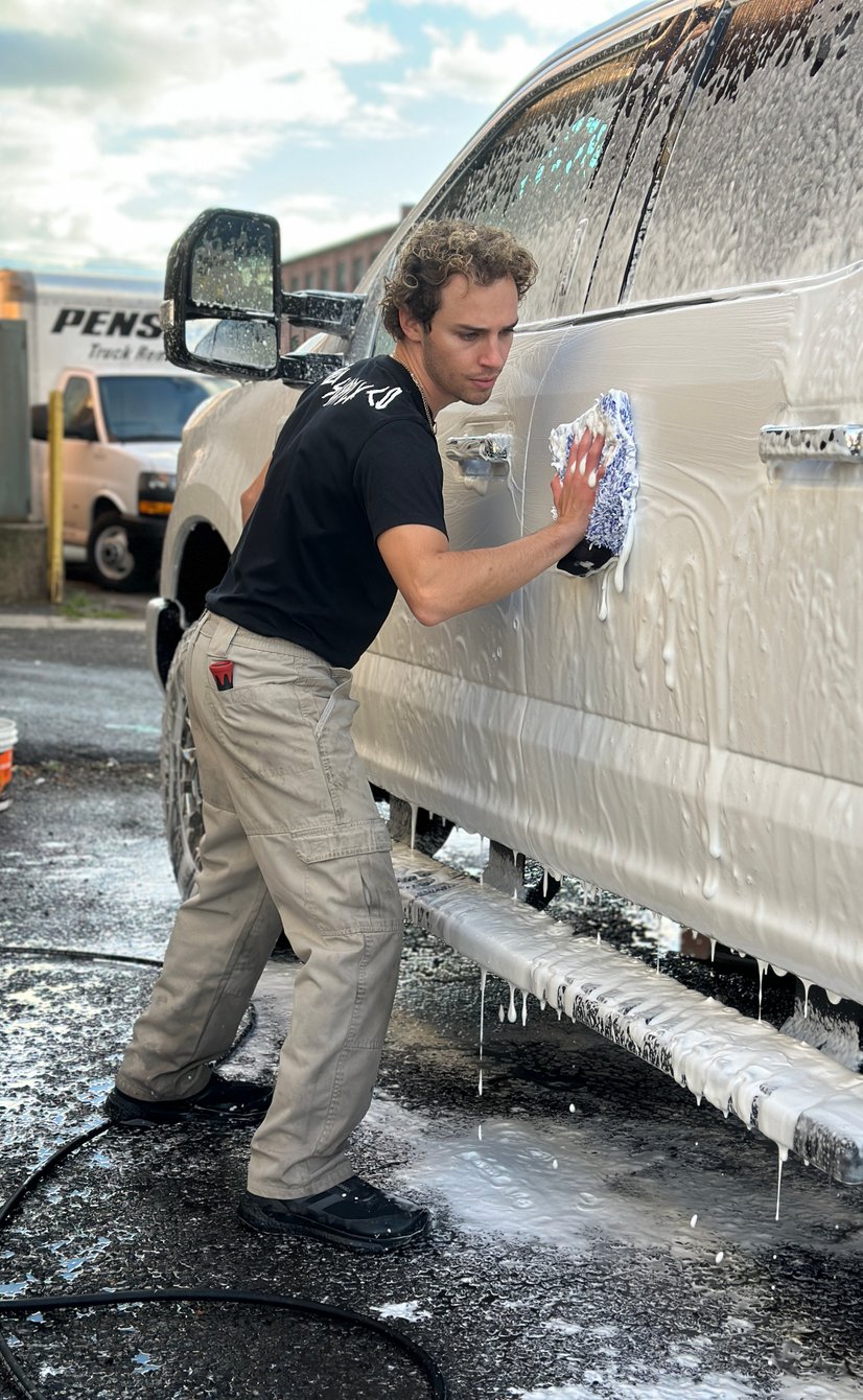 Technician hand washing a white truck covered in foam